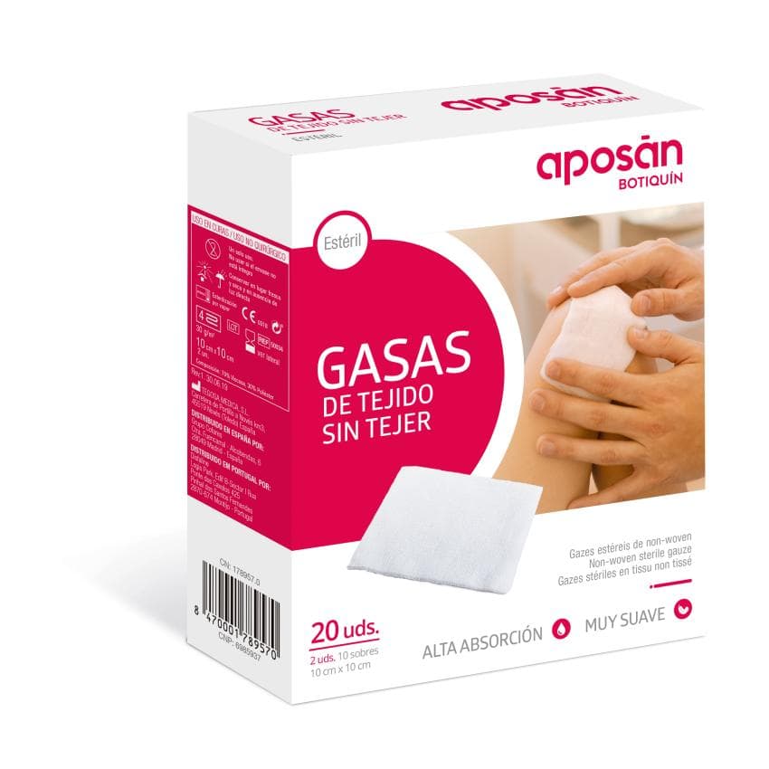 Gasa Esteril Tejido sin Tejer Compresas Aposan 10 Cm X 10 Cm 20 Gasas (2 U/sobre)