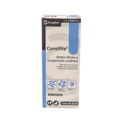 Conofite 23 Mg/ml + 5 Mg/ml + 5500 Iu/ml Gotas Oticas y Suspension Cutanea 1 Frasco 20 ML